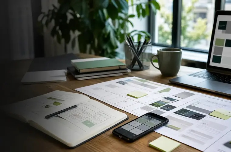 Tavolo di lavoro con calendario editoriale e contenuti organizzati
